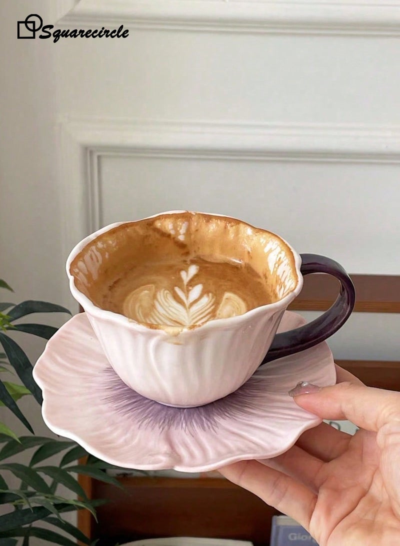 Squarecircle Purple flower shape mugCeramic Coffee Cup and Saucer Set, Purple Hibiscus Flower Design Mug, Elegant Latte & Tea Cup Set - Image 3